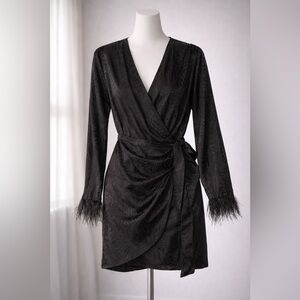 Forever 21 Black Feather-Trim Wrap Robe